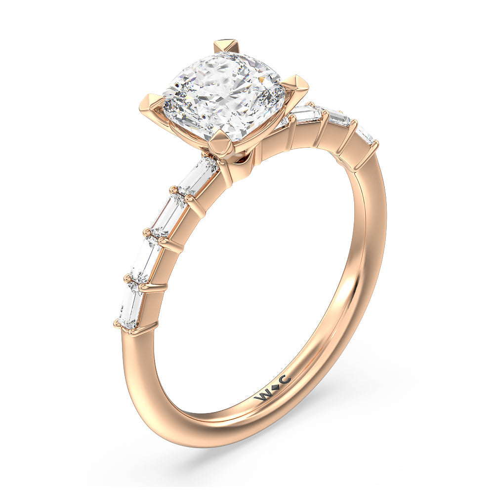 Cushion Cut Petite Baguette Studded Engagement Ring with Lab Grown Diamond in 14KT Rose Gold view 4
