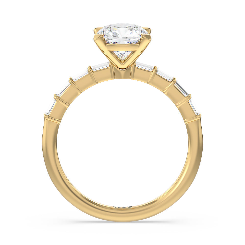 Cushion Cut Petite Baguette Studded Engagement Ring with Lab Grown Diamond in 14KT Yellow Gold view 3
