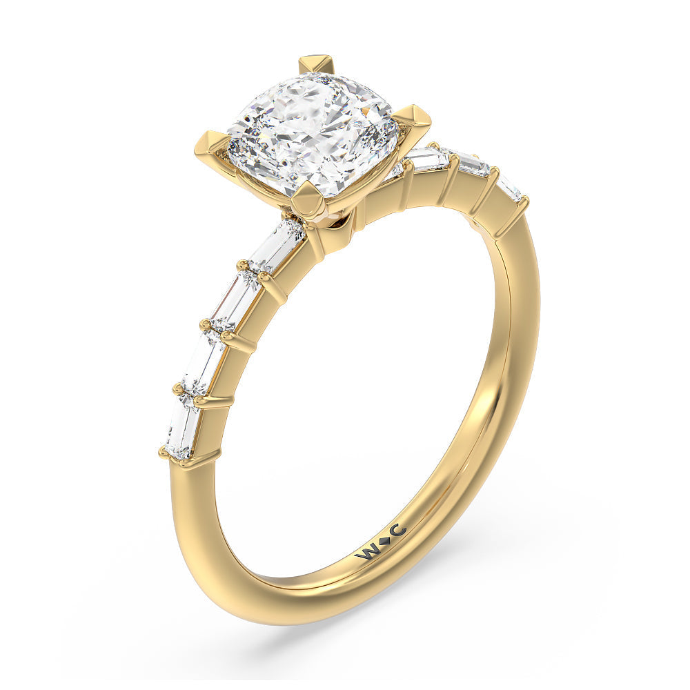 Cushion Cut Petite Baguette Studded Engagement Ring with Lab Grown Diamond in 14KT Yellow Gold view 4
