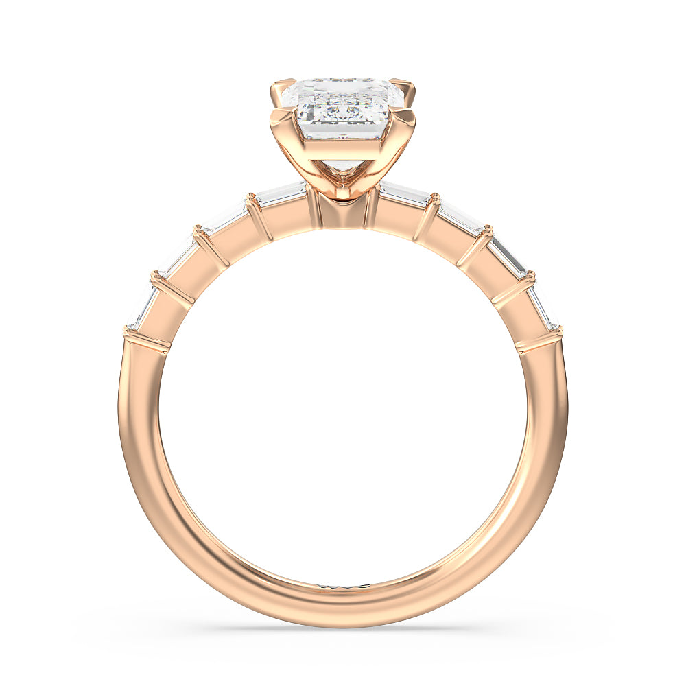 Emerald Cut Petite Baguette Studded Engagement Ring with Lab Grown Diamond in 14KT Rose Gold view 3
