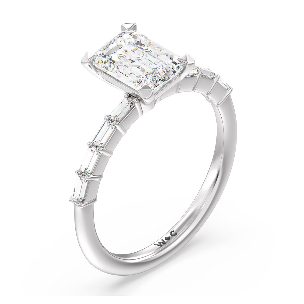 Emerald Cut Petite Baguette Studded Engagement Ring with Lab Grown Diamond in 14KT Platinum view 4
