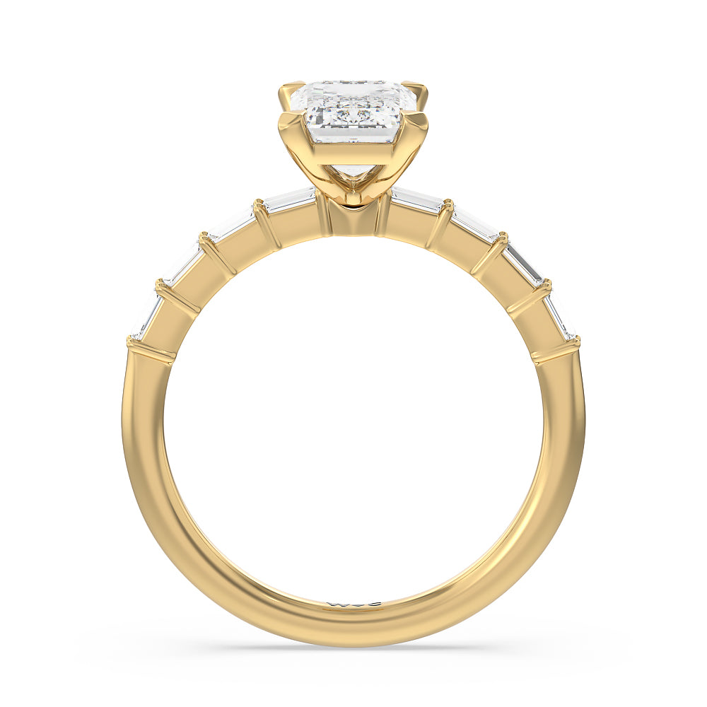 Emerald Cut Petite Baguette Studded Engagement Ring with Lab Grown Diamond in 14KT Yellow Gold view 3
