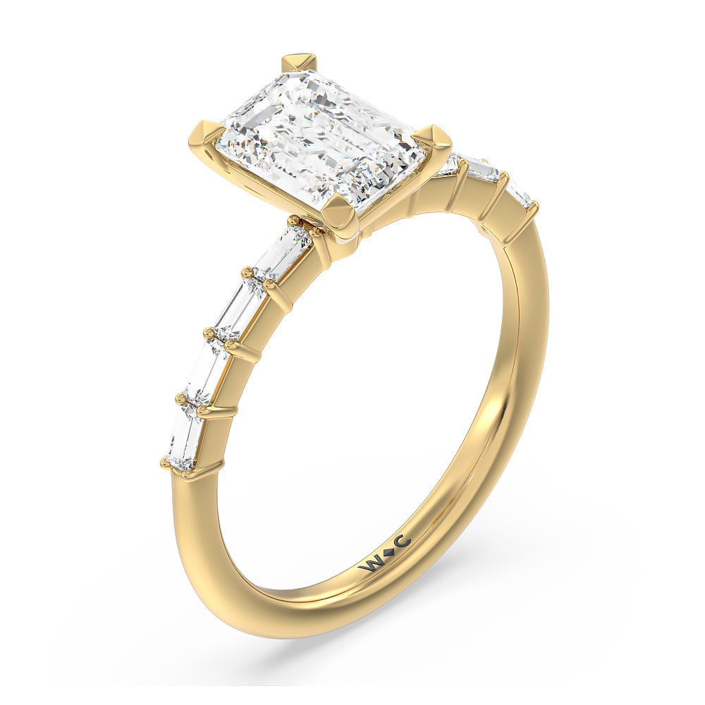 Emerald Cut Petite Baguette Studded Engagement Ring with Lab Grown Diamond in 14KT Yellow Gold view 4
