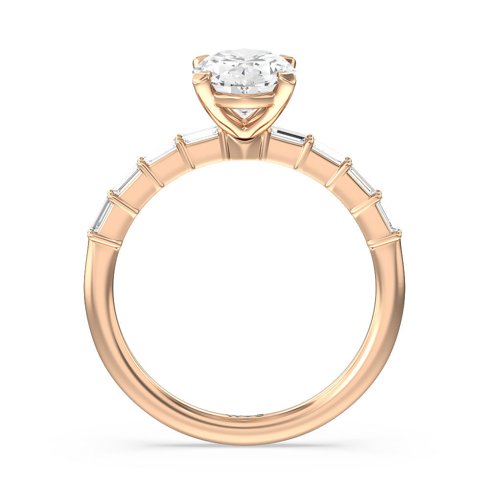 Oval Cut Petite Baguette Studded Engagement Ring with Lab Grown Diamond in 14KT Rose Gold view 3
