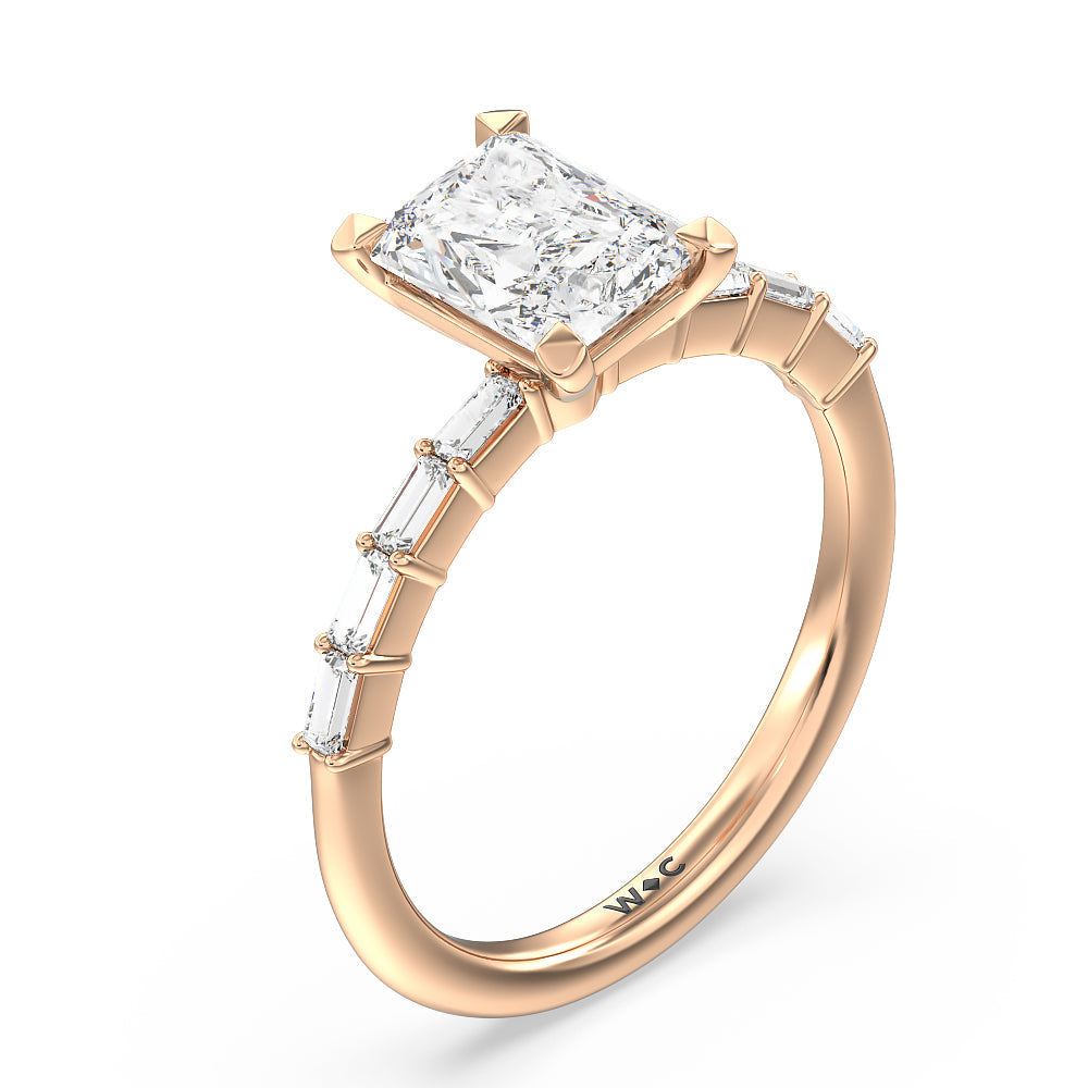 Radiant Cut Petite Baguette Studded Engagement Ring with Lab Grown Diamond in 14KT Rose Gold view 4
