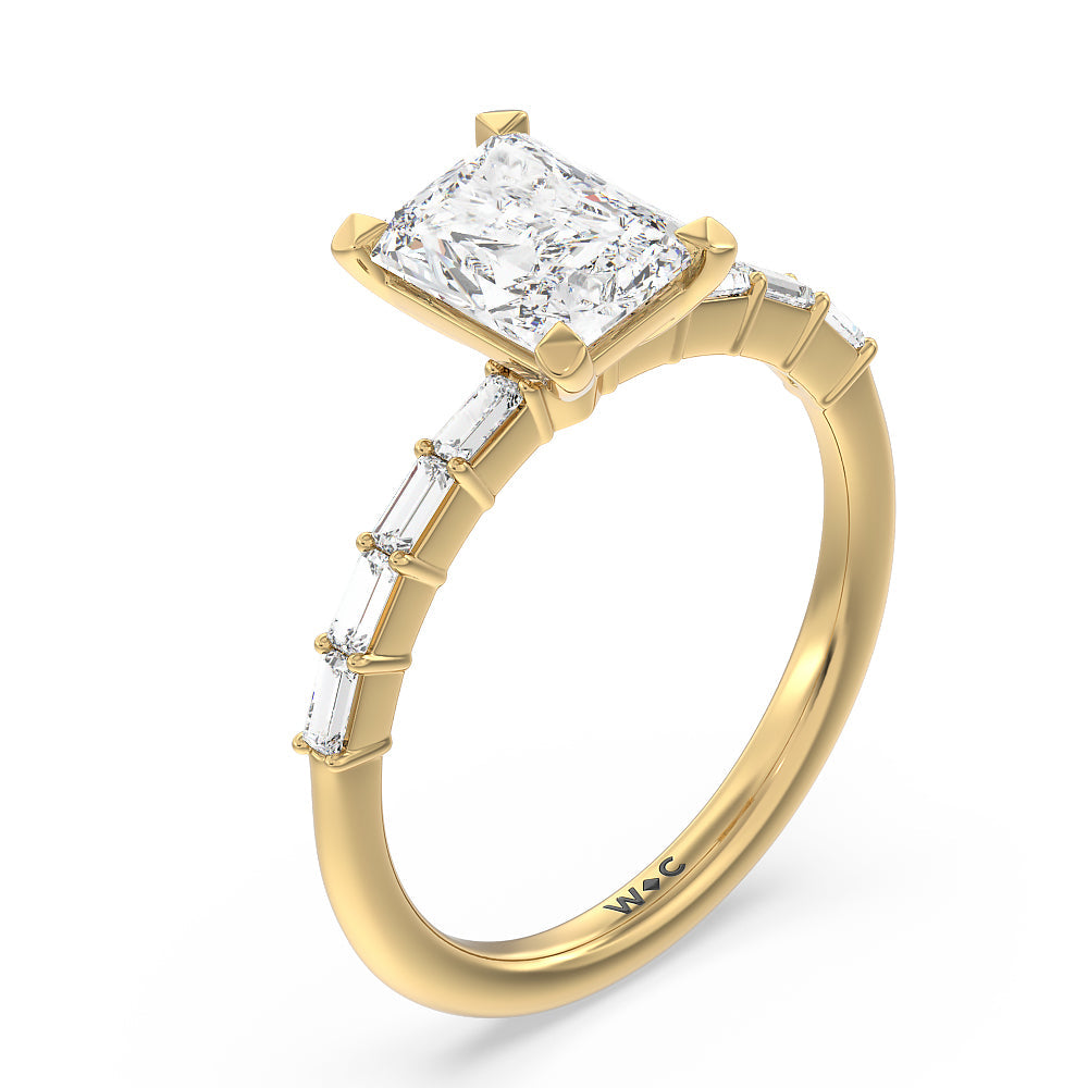 Radiant Cut Petite Baguette Studded Engagement Ring with Lab Grown Diamond in 14KT Yellow Gold view 4
