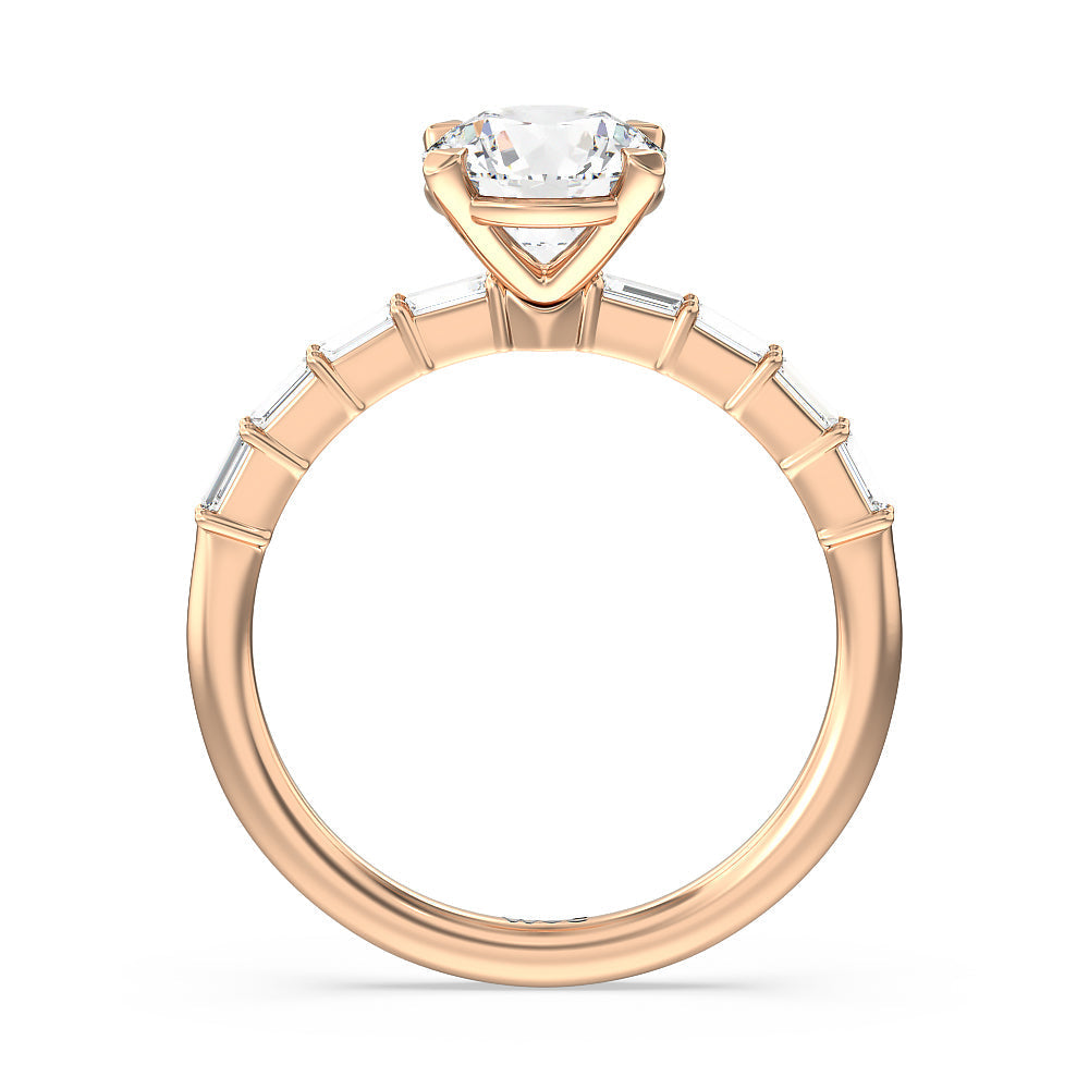 Round Cut Petite Baguette Studded Engagement Ring with Lab Grown Diamond in 14KT Rose Gold view 3

