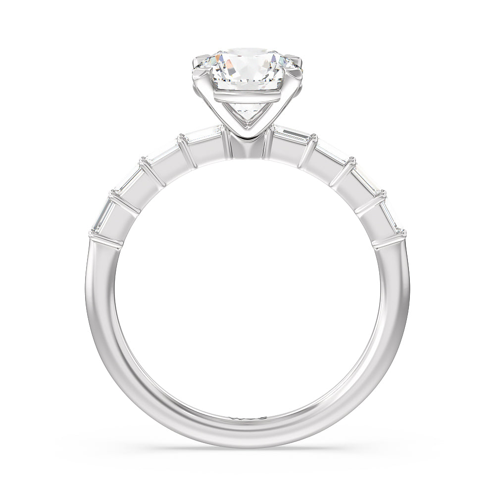 Round Cut Petite Baguette Studded Engagement Ring with Lab Grown Diamond in 14KT Platinum view 3
