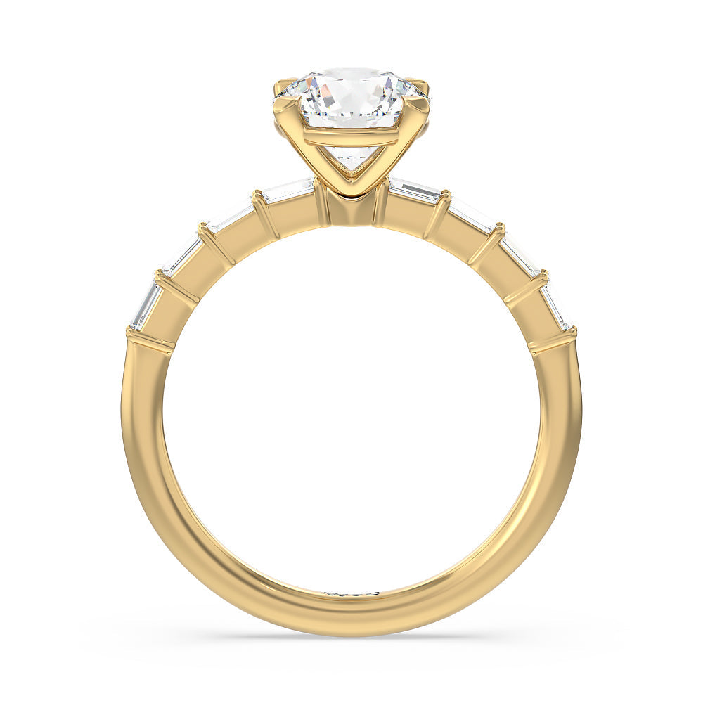 Round Cut Petite Baguette Studded Engagement Ring with Lab Grown Diamond in 14KT Yellow Gold view 3
