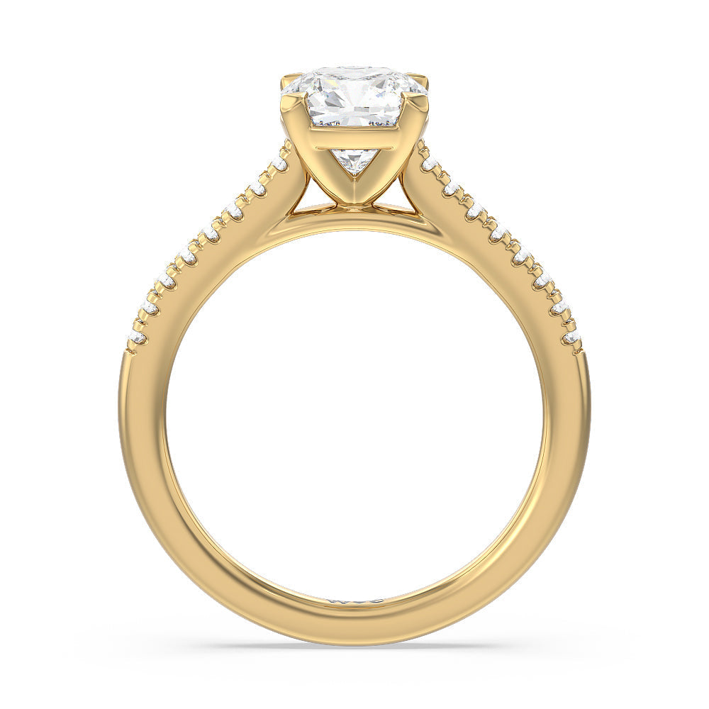 Cushion Cut Pave Cathedral Shank East-West Engagement Ring with Lab Grown Diamond in 14KT Yellow Gold view 4
