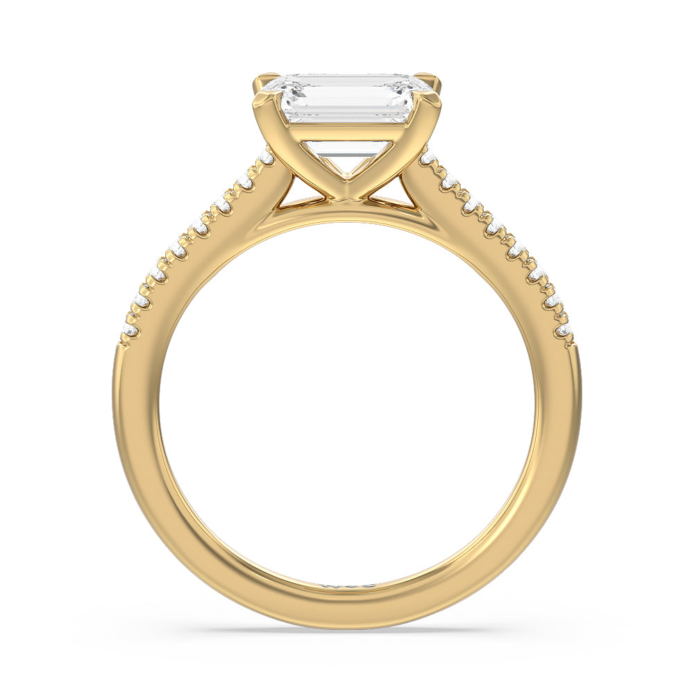 Emerald Cut Pave Cathedral Shank East-West Engagement Ring with Lab Grown Diamond in 14KT Yellow Gold view 4
