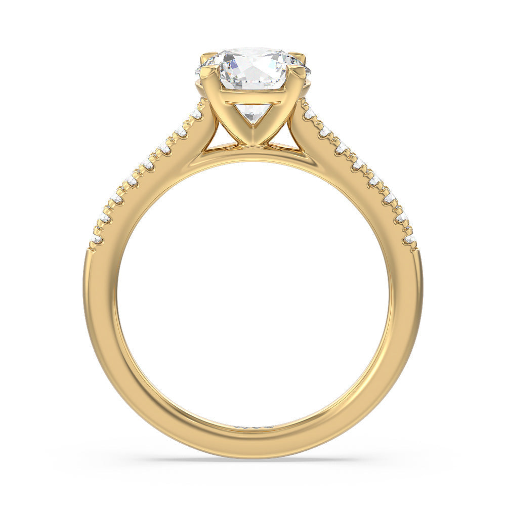 Round Cut Pave Cathedral Shank East-West Engagement Ring with Lab Grown Diamond in 14KT Yellow Gold view 4
