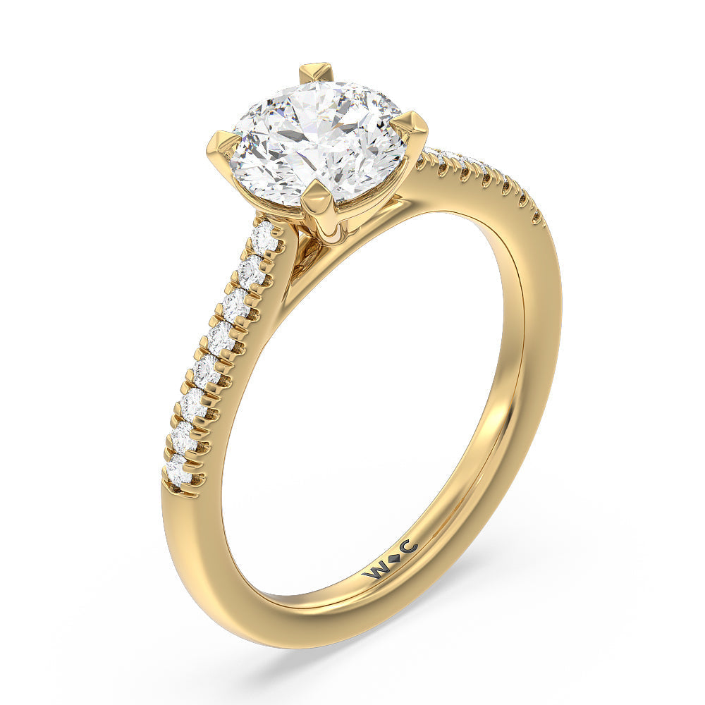 Round Cut Pave Cathedral Shank East-West Engagement Ring with Lab Grown Diamond in 14KT Yellow Gold view 5
