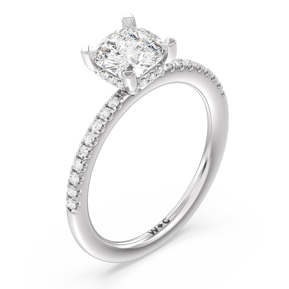 Cushion Cut Studded Prong Hidden Halo Pave Shank Engagement Ring with Lab Grown Diamond in 14KT Platinum view 3
