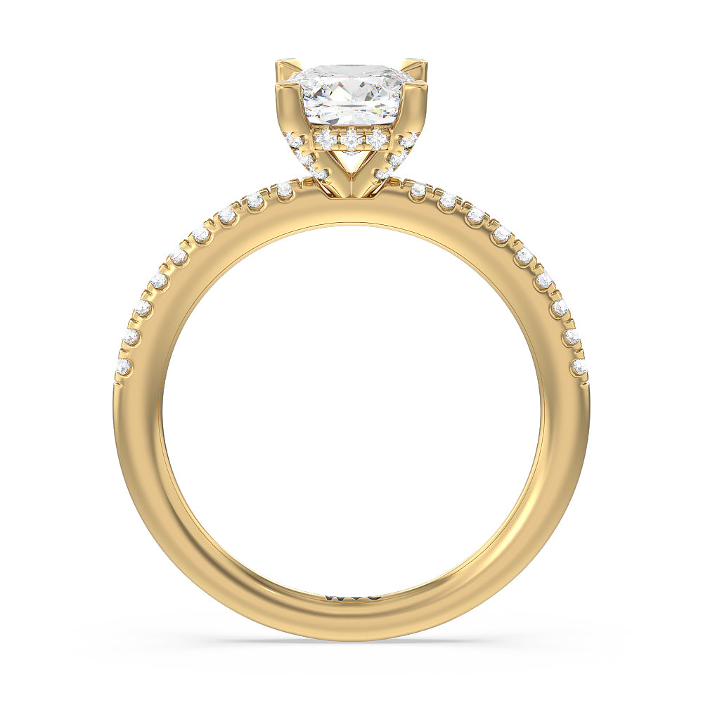 Cushion Cut Studded Prong Hidden Halo Pave Shank Engagement Ring with Lab Grown Diamond in 14KT Yellow Gold view 2

