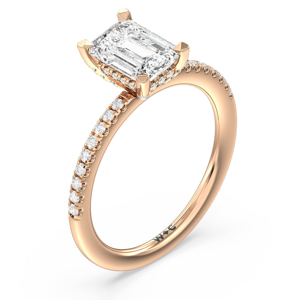 Emerald Cut Studded Prong Hidden Halo Pave Shank Engagement Ring with Lab Grown Diamond in 14KT Rose Gold view 3
