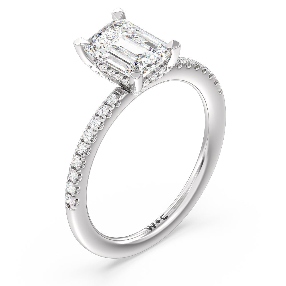 Emerald Cut Studded Prong Hidden Halo Pave Shank Engagement Ring with Lab Grown Diamond in 14KT Platinum view 3
