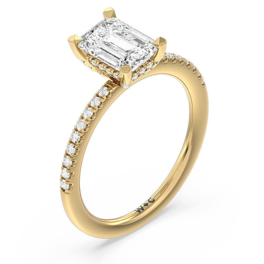 Emerald Cut Studded Prong Hidden Halo Pave Shank Engagement Ring with Lab Grown Diamond in 14KT Yellow Gold view 3

