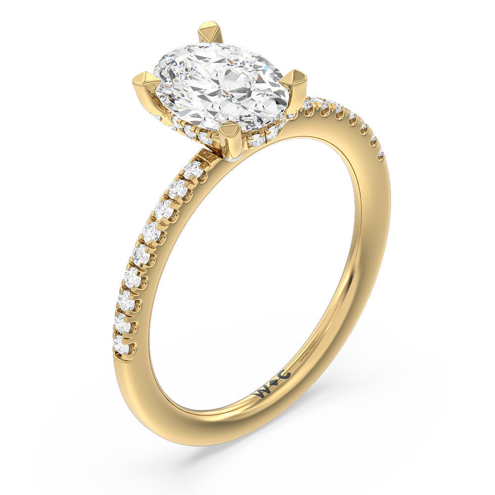 Oval Cut Studded Prong Hidden Halo Pave Shank Engagement Ring with Lab Grown Diamond in 14KT Yellow Gold view 3
