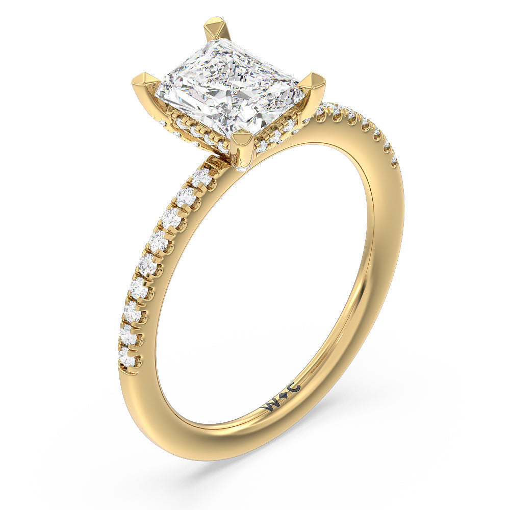 Radiant Cut Studded Prong Hidden Halo Pave Shank Engagement Ring with Lab Grown Diamond in 14KT Yellow Gold view 3

