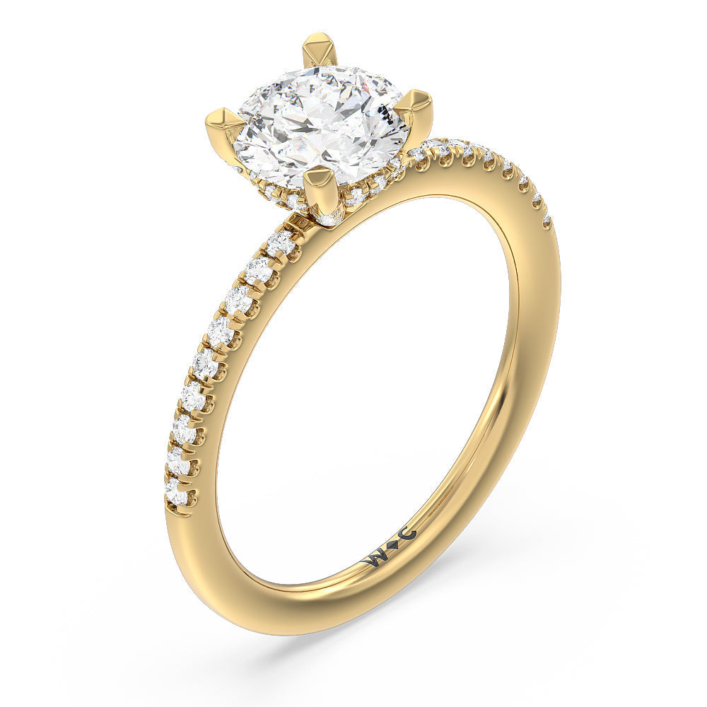 Round Cut Studded Prong Hidden Halo Pave Shank Engagement Ring with Lab Grown Diamond in 14KT Yellow Gold view 3
