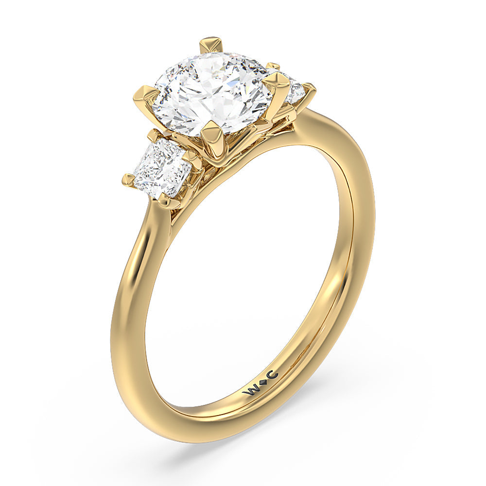 Round Cut Three Stone Kite Gallery Classic Engagement Ring with Lab Grown Diamond in 14KT Yellow Gold view 5
