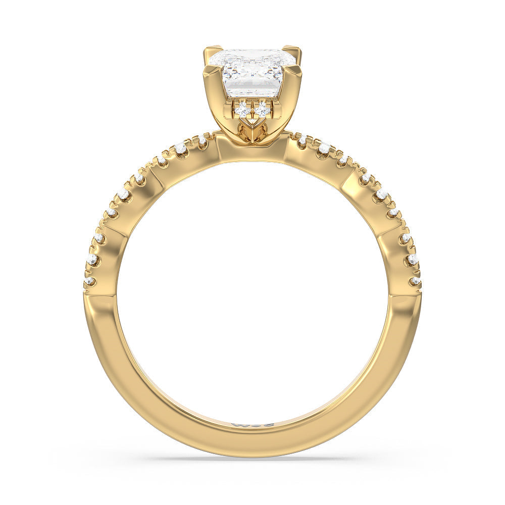 Emerald Cut Modern East West Hidden Halo Engagement Ring with Lab Grown Diamond in 14KT Yellow Gold view 4
