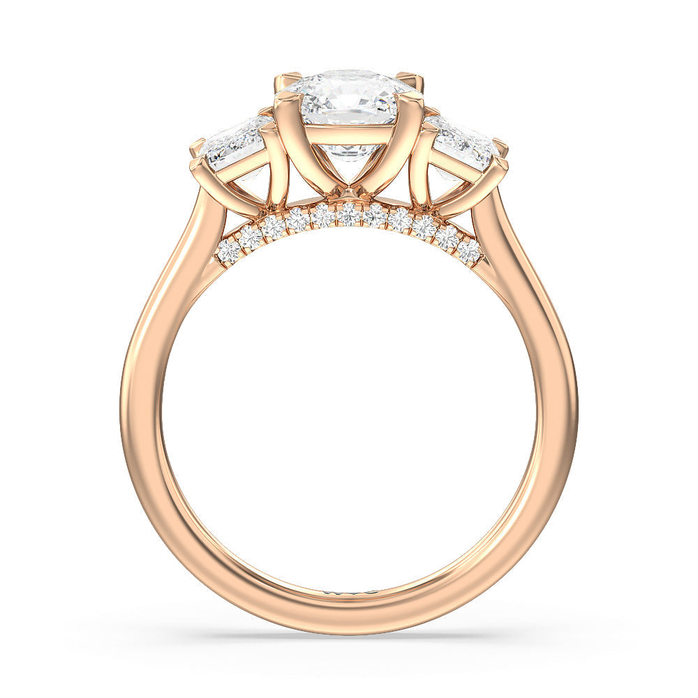 Cushion Cut Three Stone Hidden Accent Bridge Classic Diamond Engagement Ring with Lab Grown Diamond in 14KT Rose Gold view 5
