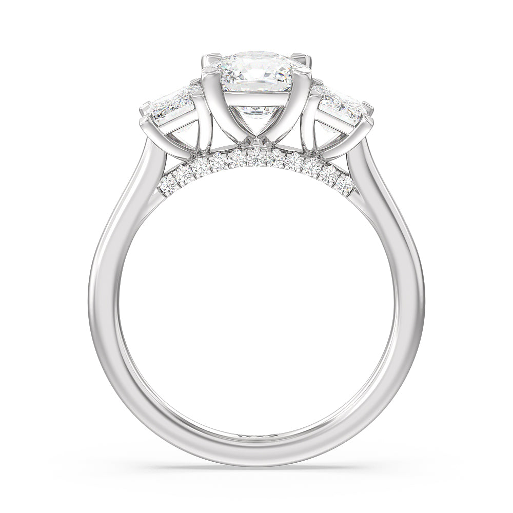 Cushion Cut Three Stone Hidden Accent Bridge Classic Diamond Engagement Ring with Lab Grown Diamond in 14KT Platinum view 5
