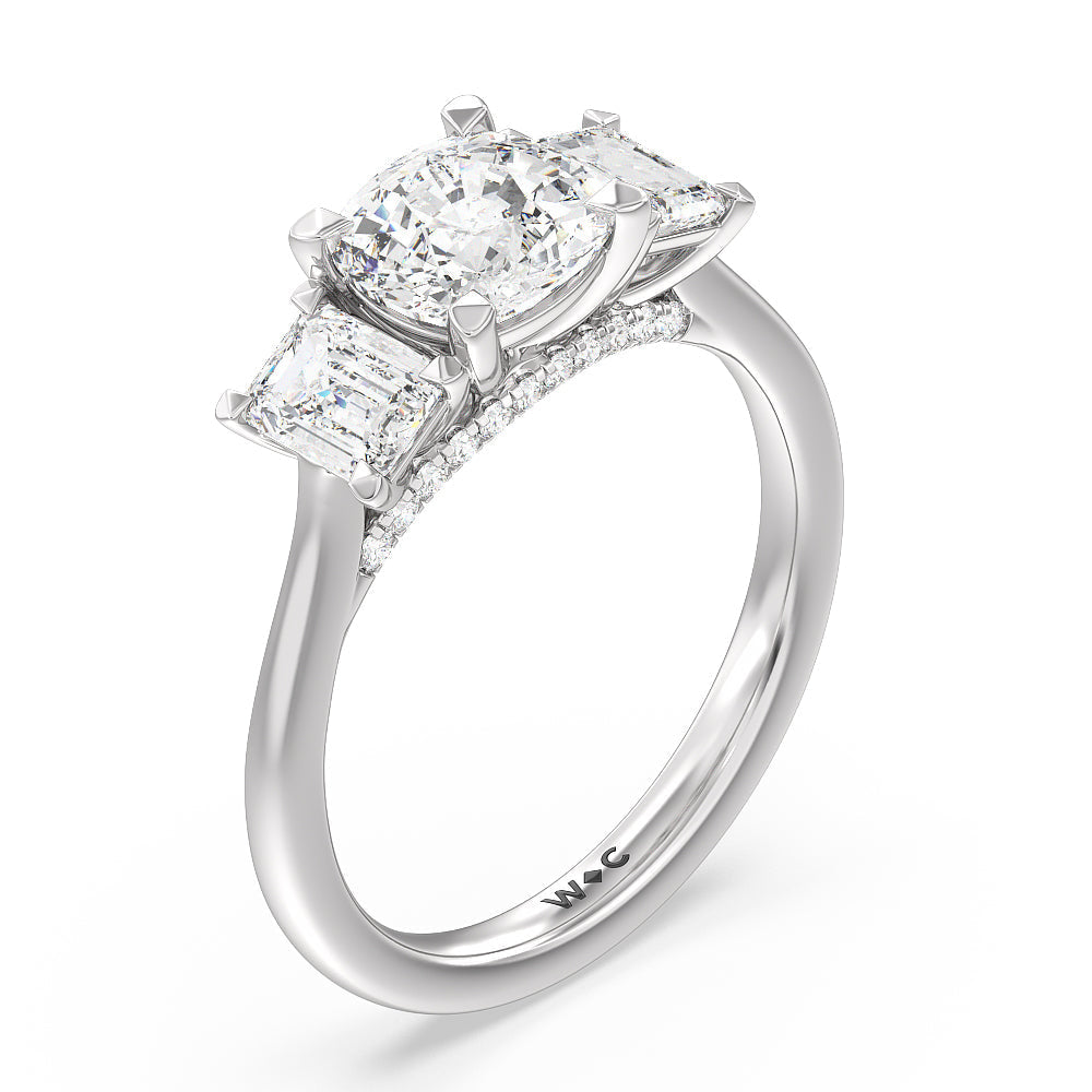 Three Stone Hidden Accent Bridge Classic Diamond Engagement Ring with Cushion Cut Diamond in 14KT Platinum view 3
