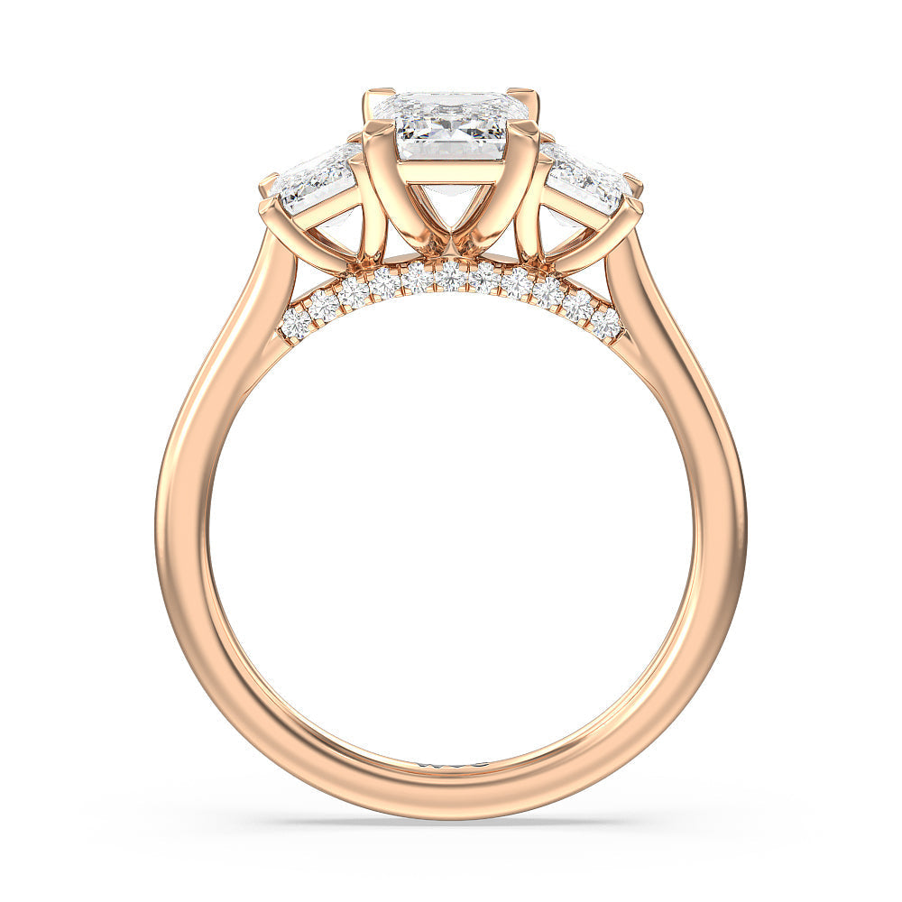 Emerald Cut Three Stone Hidden Accent Bridge Classic Diamond Engagement Ring with Lab Grown Diamond in 14KT Rose Gold view 5
