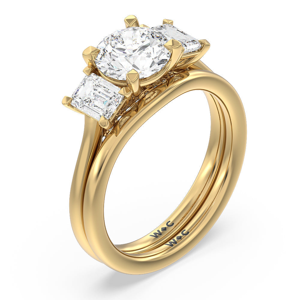 Three Stone Hidden Accent Bridge Classic Diamond Engagement Ring with Emerald Cut Diamond in 14KT Yellow Gold view 4
