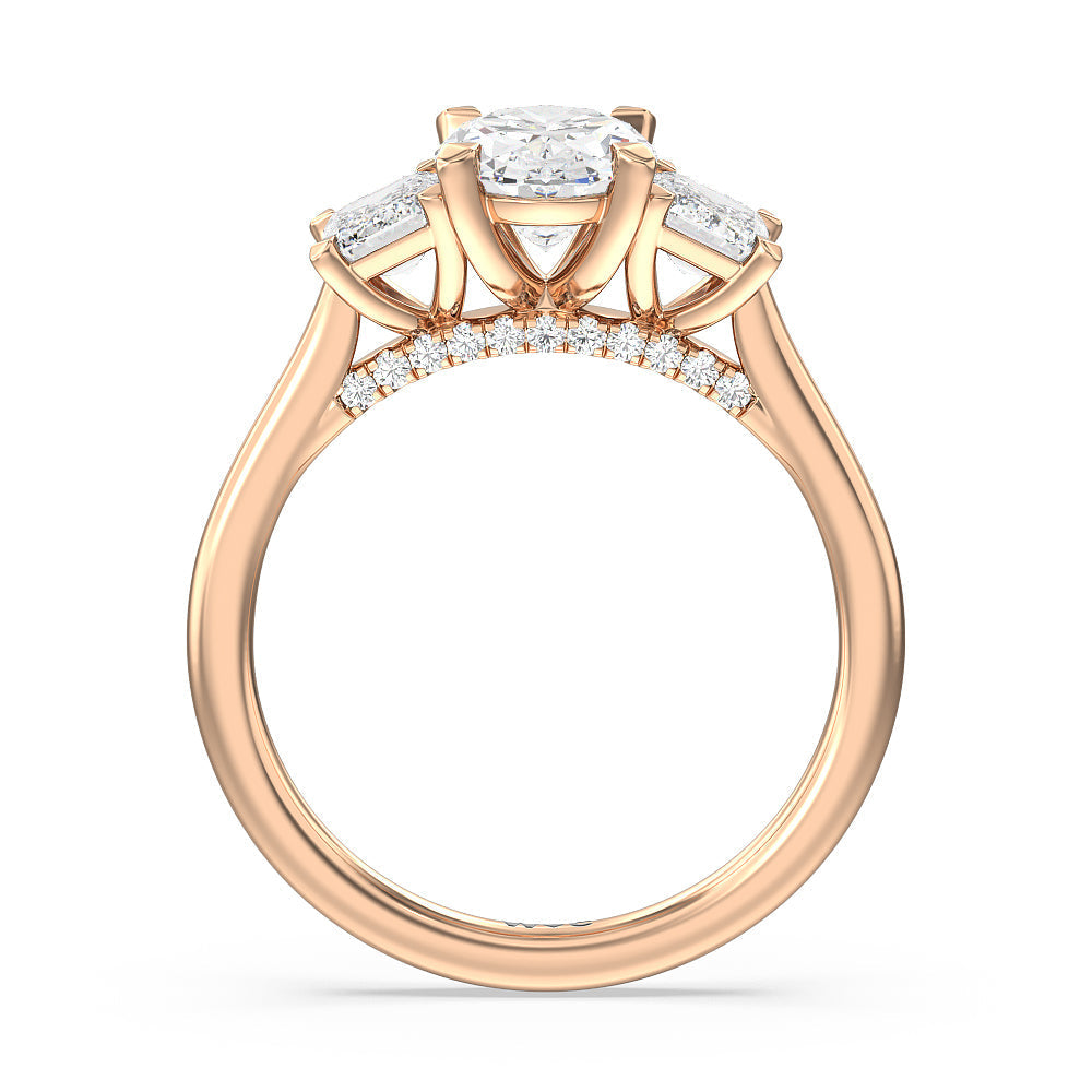 Oval Cut Three Stone Hidden Accent Bridge Classic Diamond Engagement Ring with Lab Grown Diamond in 14KT Rose Gold view 5
