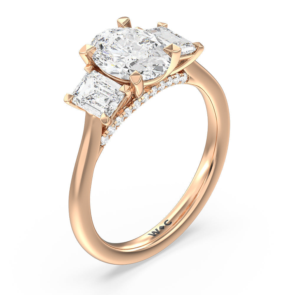 Three Stone Hidden Accent Bridge Classic Diamond Engagement Ring with Oval Cut Diamond in 14KT Rose Gold view 3
