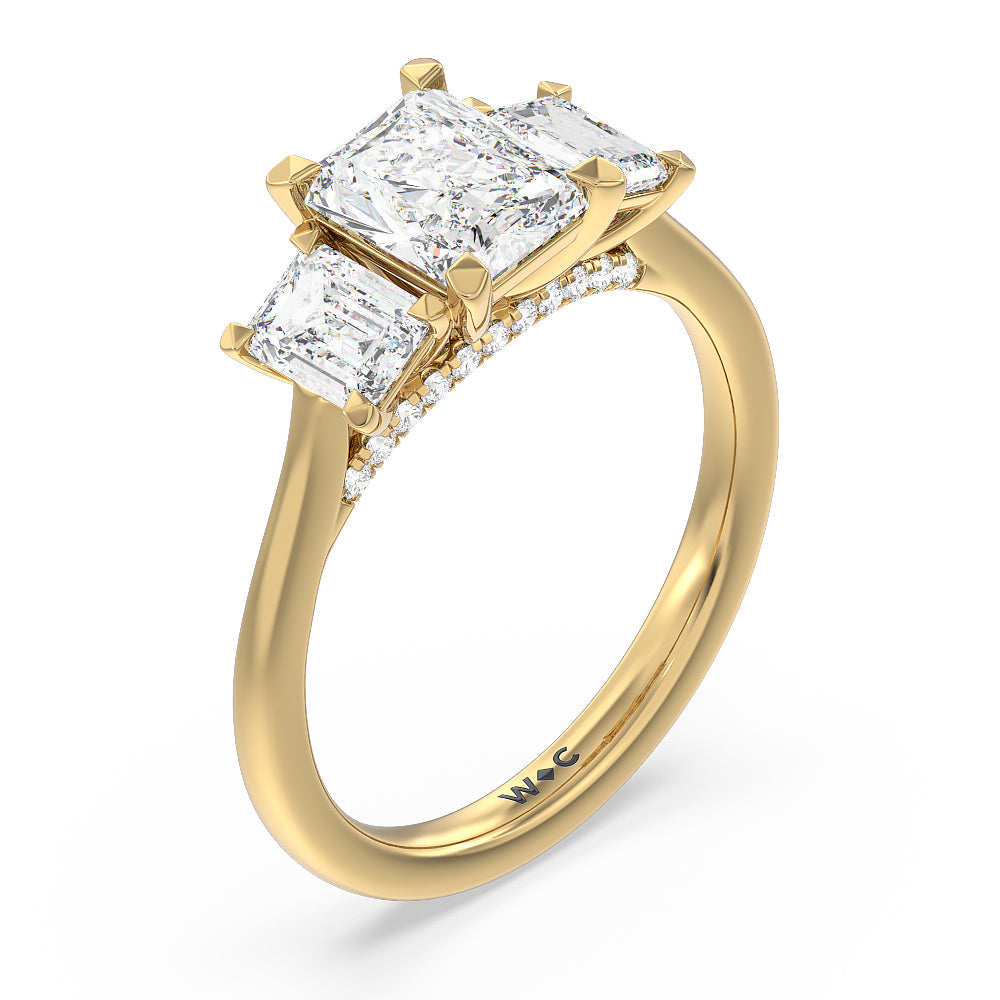 Three Stone Hidden Accent Bridge Classic Diamond Engagement Ring with Radiant Cut Diamond in 14KT Yellow Gold view 3
