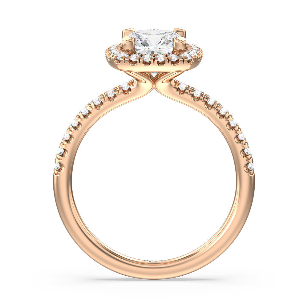 Seamless Diamond Shank Halo Engagement Ring with Cushion Cut Diamond in 14KT Rose Gold view 2
