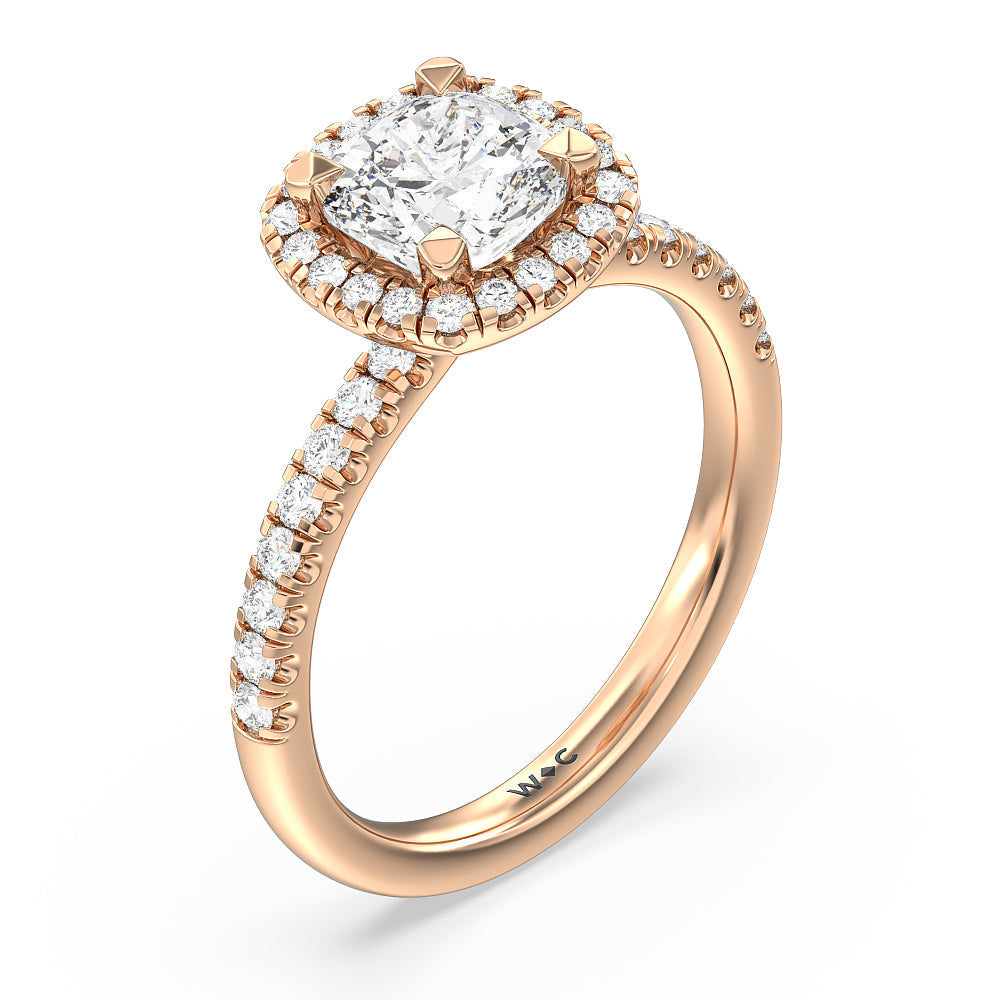 Seamless Diamond Shank Halo Engagement Ring with Cushion Cut Diamond in 14KT Rose Gold view 3
