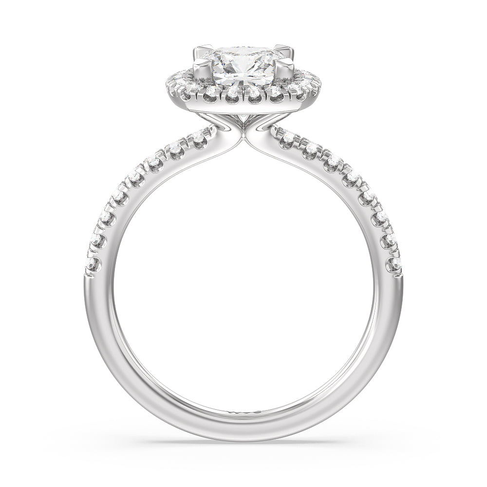 Seamless Diamond Shank Halo Engagement Ring with Cushion Cut Diamond in 14KT Platinum view 2
