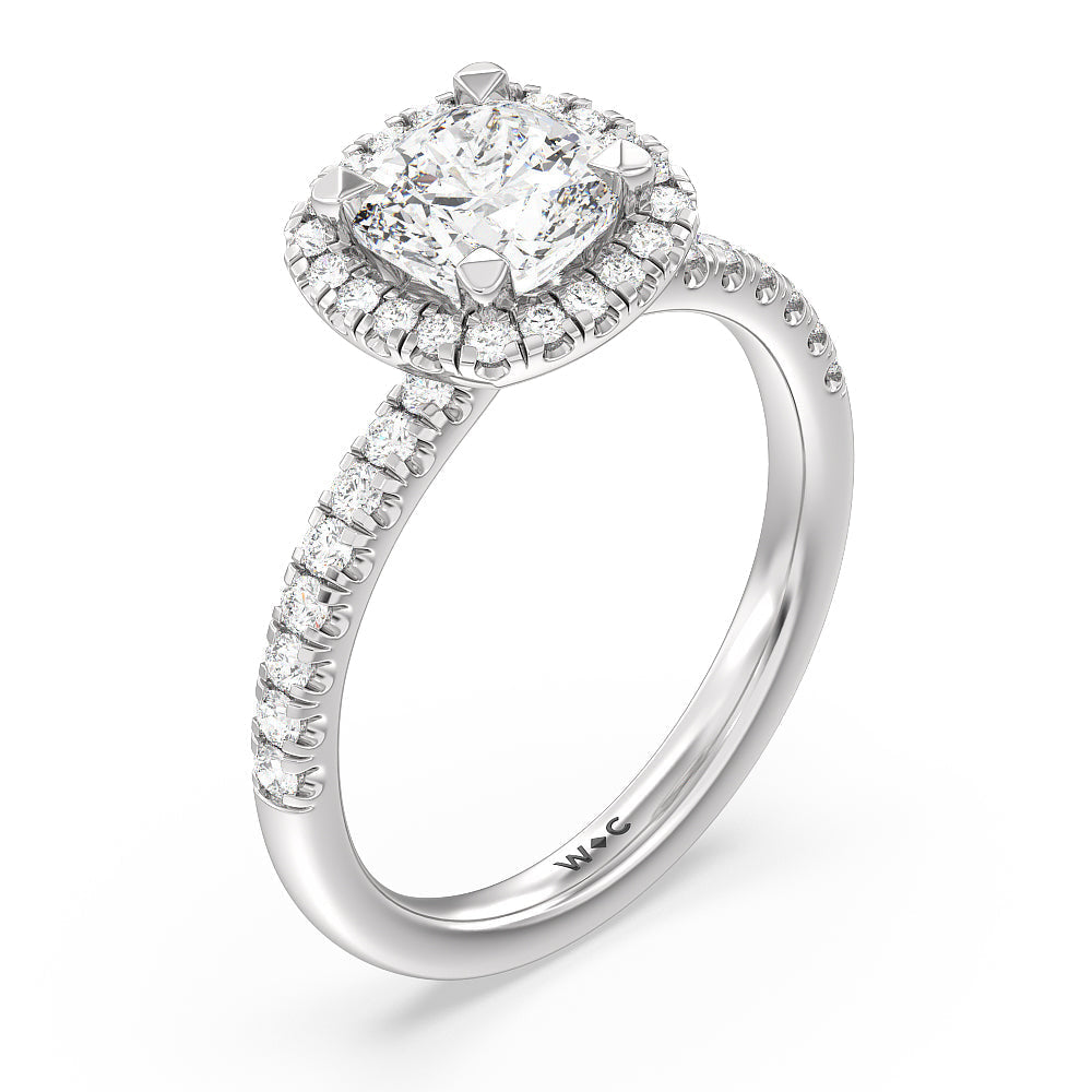 Seamless Diamond Shank Halo Engagement Ring with Cushion Cut Diamond in 14KT Platinum view 3
