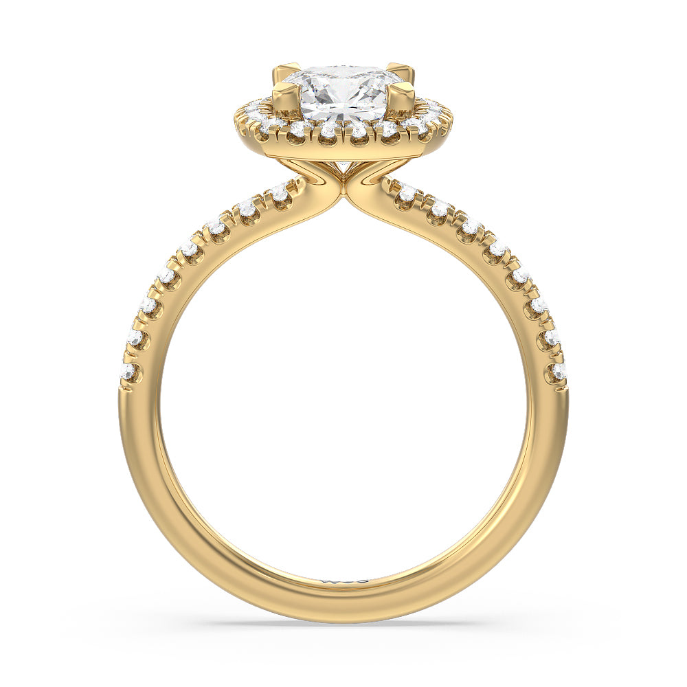 Seamless Diamond Shank Halo Engagement Ring with Cushion Cut Diamond in 14KT Yellow Gold view 2
