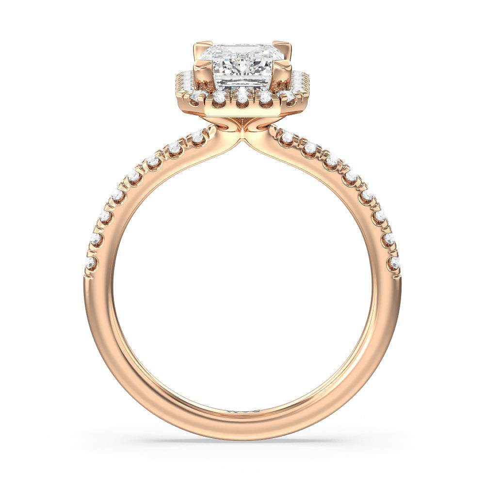 Seamless Diamond Shank Halo Engagement Ring with Emerald Cut Diamond in 14KT Rose Gold view 2
