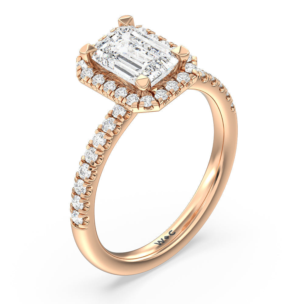 Seamless Diamond Shank Halo Engagement Ring with Emerald Cut Diamond in 14KT Rose Gold view 3
