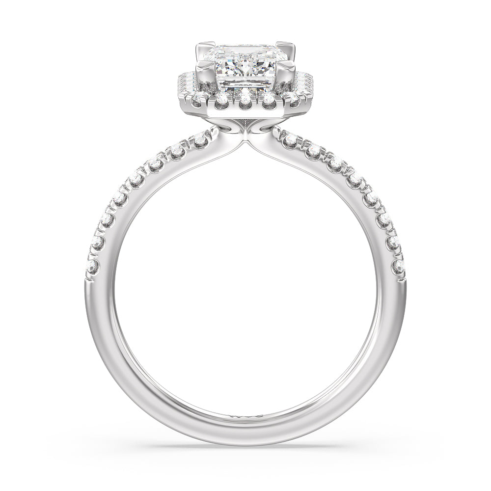 Seamless Diamond Shank Halo Engagement Ring with Emerald Cut Diamond in 14KT Platinum view 2
