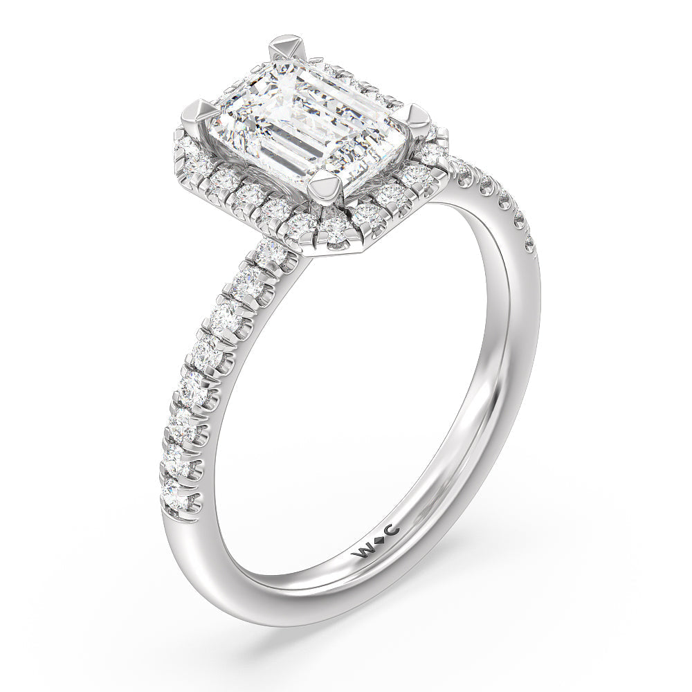 Seamless Diamond Shank Halo Engagement Ring with Emerald Cut Diamond in 14KT Platinum view 3
