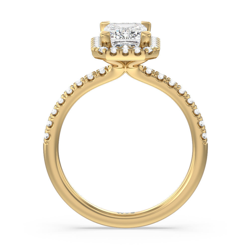 Seamless Diamond Shank Halo Engagement Ring with Emerald Cut Diamond in 14KT Yellow Gold view 2
