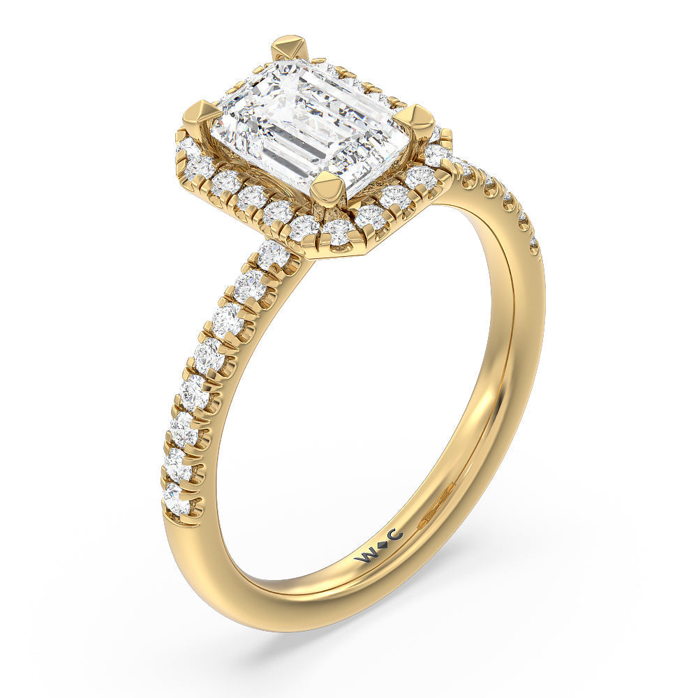 Seamless Diamond Shank Halo Engagement Ring with Emerald Cut Diamond in 14KT Yellow Gold view 3
