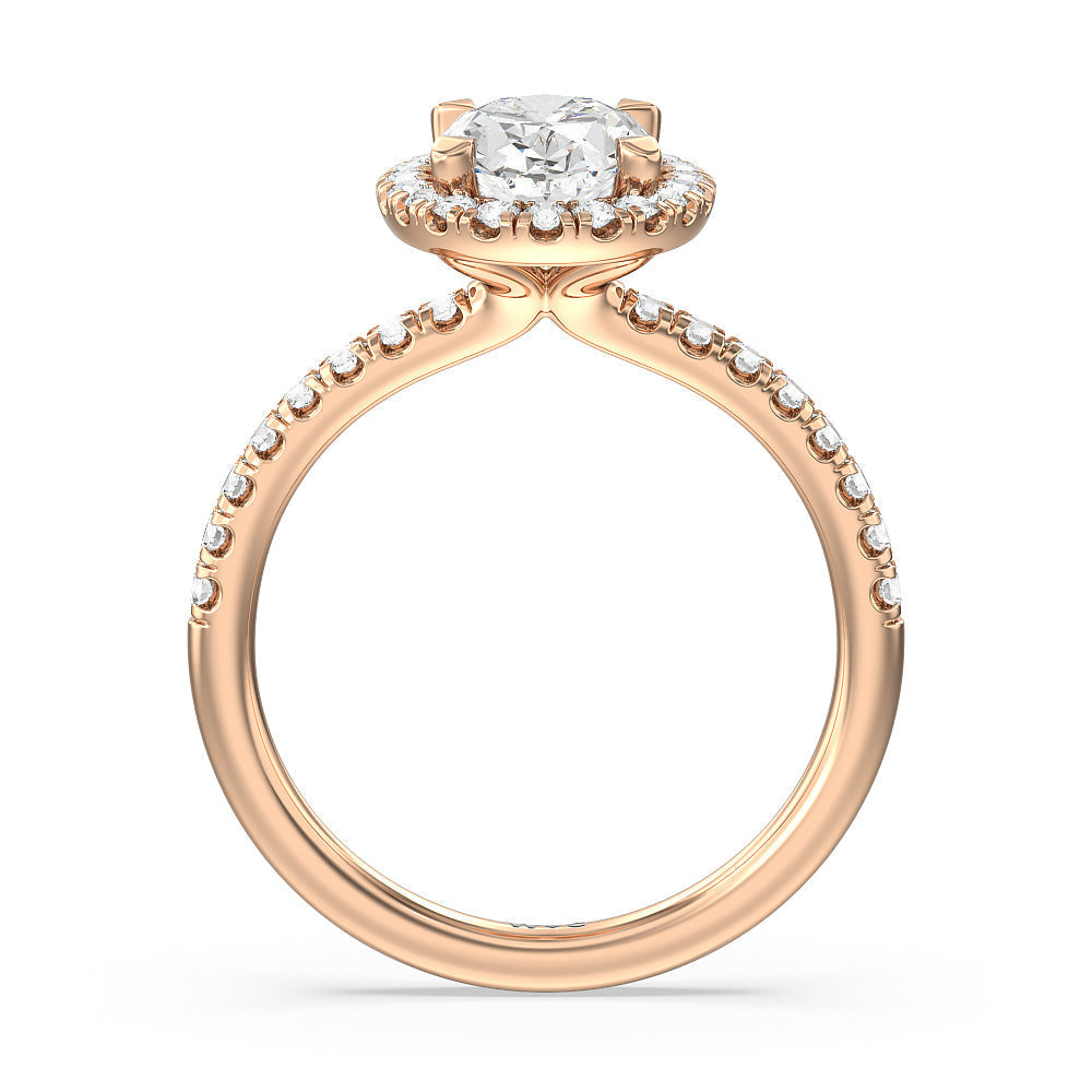 Seamless Diamond Shank Halo Engagement Ring with Oval Cut Diamond in 14KT Rose Gold view 2
