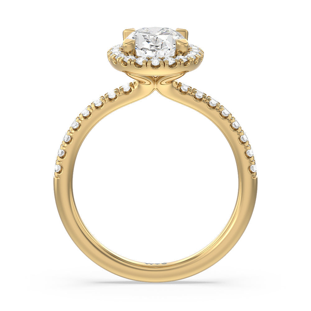 Seamless Diamond Shank Halo Engagement Ring with Oval Cut Diamond in 14KT Yellow Gold view 2
