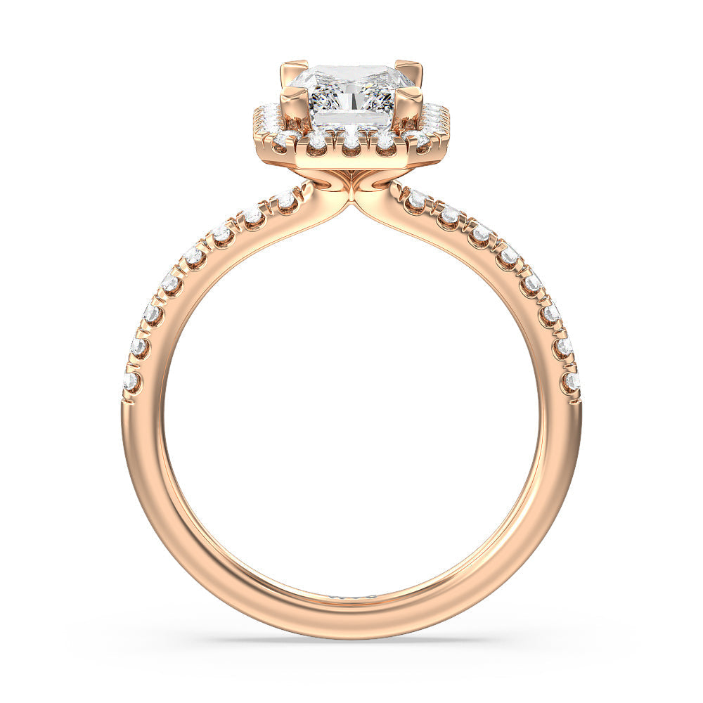 Seamless Diamond Shank Halo Engagement Ring with Radiant Cut Diamond in 14KT Rose Gold view 2

