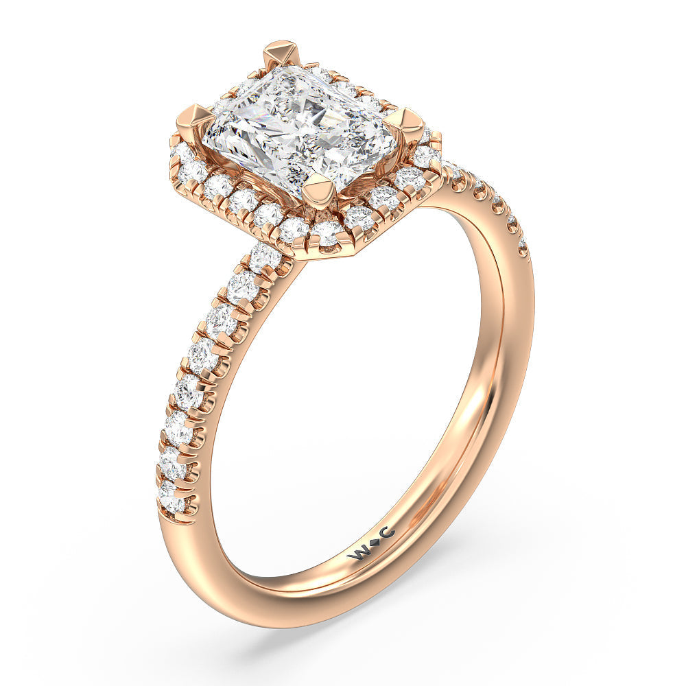 Seamless Diamond Shank Halo Engagement Ring with Radiant Cut Diamond in 14KT Rose Gold view 3
